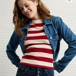 American Eagle Hey Baby Waffle Tee Red Cream Stripe M NWOT